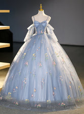 Blue Tulle Spaghetti Straps Embroidery Quinceanera Dress